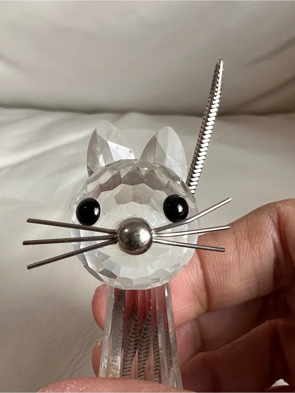 Swarovski Clear Crystal Cat Figurine with Silver Tail & Whiskers Signed